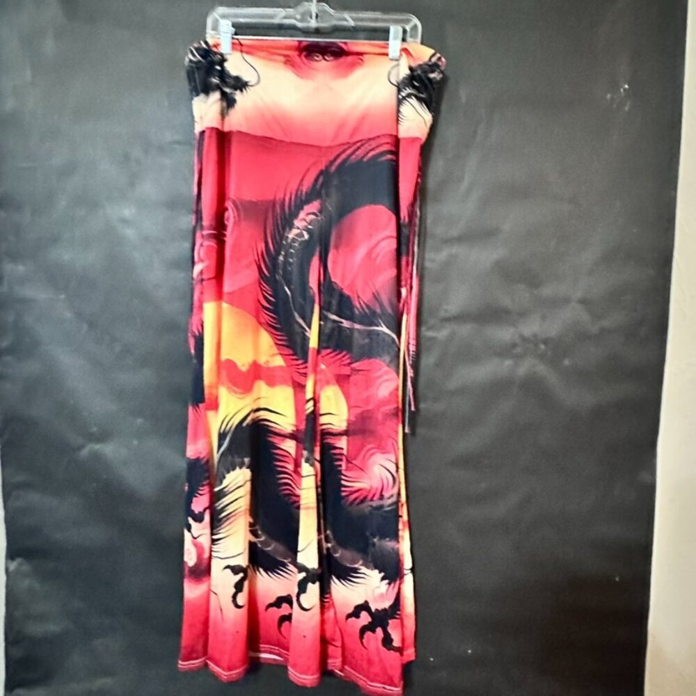 Red Sumi-E Dragon Wide Leg Size XL Watercolor Tie Dye Festival Tall Girl - Picture 6 of 8